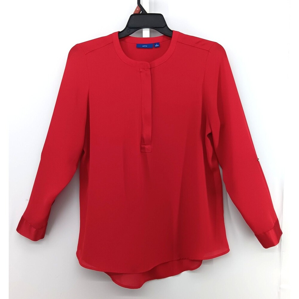 Apt 9 Blouse Women Large Red Crew Neck 1/2 Zip Roll Tab Long Sleeve Sheer Top